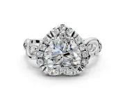 Halo Engagement Ring Setting for Heart-Shaped Center with Open Scroll Shoulders and Prong Head in White Gold
