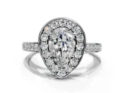 Bezel-Framed Halo Engagement Ring Setting for Pear-Shaped Center with Pave Band and Prong Head in White Gold