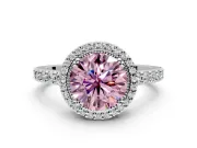 Halo Engagement Ring Setting for Fancy Pink Round Cut Center with Inner Milgrain Border and Prong Head in Platinum