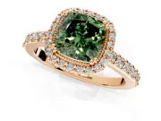 Halo Engagement Ring Setting for Fancy Green Cushion Cut Center with Inner Milgrain Border and Prong Head in Rose Gold