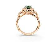 Halo Engagement Ring Setting for Fancy Green Oval Center with Open Scroll Shoulders and Prong Head in Rose Gold