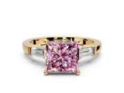 3 Stone Engagement Ring Setting for Fancy Pink Princess Cut Center with Channel Baguette Accents and Prong Head in Yellow Gold