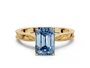 Solitaire Engagement Ring Setting for Fancy Blue Emerald Cut Center with Engraved Milgrain Band and Prong Head in Yellow Gold
