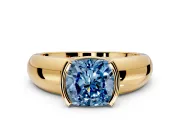 Tension Engagement Ring Setting for Fancy Blue Cushion Cut Center with Wide Flat Band and Tension Head in Yellow Gold