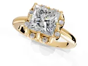 Floral Frame Engagement Ring Setting for Princess Cut Center with Accent Clusters and Prong Head in Yellow Gold