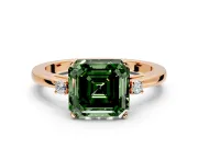 3 Stone Engagement Ring Setting for Fancy Green Asscher Cut Center with Low-Set Round Cut Accents and Prong Head in Rose Gold