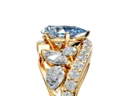 Halo Engagement Ring Setting for Fancy Blue Pear-Shaped Center with Marquise and Pave Bypass Band and Prong Head in Yellow Gold