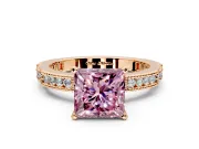 Solitaire Engagement Ring Setting for Fancy Pink Princess Cut Center with Milgrain-Edged Pave Band and Prong Head in Rose Gold