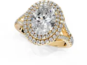 Double Halo Engagement Ring Setting for Oval Center with Narrow Pave Split Shank and Prong Head in Yellow Gold