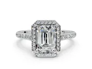 Halo Engagement Ring Setting for Emerald Cut Center with Pave Accents, Heart Basket and Prong Head in Sterling Silver