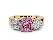 3 Stone Engagement Ring Setting for Fancy Pink Cushion Cut Center with Raised Basket Heads and Prong Head in Yellow Gold