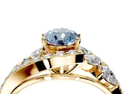 Halo Engagement Ring Setting for Fancy Blue Pear-Shaped Center with Marquise and Pave Bypass Band and Prong Head in Yellow Gold