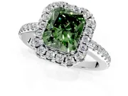 Pave Halo Engagement Ring Setting for Fancy Green Radiant Cut Center with Single Row Pave Band and Prong Head in White Gold