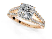 Solitaire Engagement Ring Setting for Cushion Cut Center with Pave Split Shank and Prong Head in Rose Gold