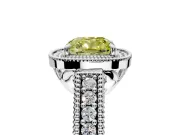 Milgrain Halo Engagement Ring Setting for Fancy Yellow Cushion Cut Center with Pave Band and Prong Head in Platinum