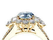 Halo Engagement Ring Setting for Fancy Blue Oval Center with Two-Strand Split Shank and Prong Head in Yellow Gold