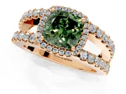 Halo Engagement Ring Setting for Fancy Green Cushion Cut Center with Wide-Open Pave Split Shank and Prong Head in Rose Gold