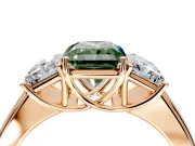 3 Stone Engagement Ring Setting for Fancy Green Radiant Cut Center with Raised Basket Heads and Prong Head in Rose Gold