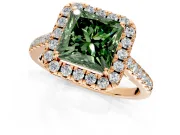 Halo Engagement Ring Setting for Fancy Green Princess Cut Center with Narrowing Pave Band and Prong Head in Rose Gold