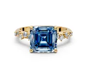 Solitaire Engagement Ring Setting for Fancy Blue Asscher Cut Center with Trailing Leaf Accent Band and Prong Head in Yellow Gold