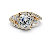 Halo Engagement Ring Setting for Cushion Cut Center with Marquise and Pave Bypass Band and Prong Head in Yellow Gold