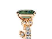 Leaf Motif Engagement Ring Setting for Fancy Green Emerald Cut Center with Pave Band and Prong Head in Rose Gold
