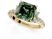 Paired Accent Engagement Ring Setting for Fancy Green Asscher Cut Center with Pave Band and Prong Head in Yellow Gold