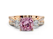 3 Stone Engagement Ring Setting for Fancy Pink Cushion Cut Center with Pave Split Shank and Prong Head in Rose Gold