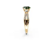 3 Stone Engagement Ring Setting for Fancy Green Round Cut Center with Pave Split Shank and Prong Head in Yellow Gold