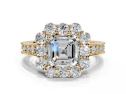 Halo Engagement Ring Setting for Asscher Cut Center with Milgrain Channel Band and Prong Head in Yellow Gold