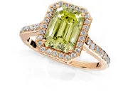 Halo Engagement Ring Setting for Fancy Yellow Emerald Cut Center with Pave Accents, Heart Basket and Prong Head in Rose Gold