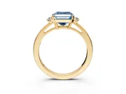 3 Stone Engagement Ring Setting for Fancy Blue Asscher Cut Center with Low-Set Round Cut Accents and Prong Head in Yellow Gold