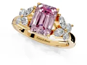 Floral Engagement Ring Setting for Fancy Pink Emerald Cut Center with Marquise Cluster Shoulders and Prong Head in Yellow Gold