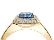 Halo Engagement Ring Setting for Fancy Blue Emerald Cut Center with Plain Tapered Band and Prong Head in Yellow Gold