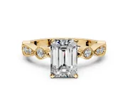 Solitaire Engagement Ring Setting for Emerald Cut Center with Milgrain Bezel Accents and Prong Head in Yellow Gold