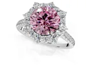 Halo Engagement Ring Setting for Fancy Pink Round Cut Center with Single-Row Pave, Open Basket and Prong Head in Platinum