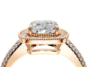 Milgrain Halo Engagement Ring Setting for Cushion Cut Center with Three-Sided Pave Band and Prong Head in Rose Gold