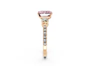 3 Stone Engagement Ring Setting for Fancy Pink Radiant Cut Center with Round Cut Side Accents and Prong Head in Rose Gold