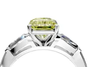 3 Stone Engagement Ring Setting for Fancy Yellow Radiant Cut Center with Tapered Baguettes, Plain Band and Prong Head in Sterling Silver