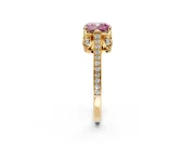 Cathedral Engagement Ring Setting for Fancy Pink Cushion Cut Center with Antique-Style Pave Band and Prong Head in Yellow Gold
