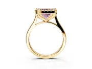 Single Halo Engagement Ring Setting for Fancy Pink Princess Cut Center with Corner Claws, Plain Band and Prong Head in Yellow Gold