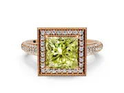 Milgrain Halo Engagement Ring Setting for Fancy Yellow Princess Cut Center with Three-Sided Pave Band and Prong Head in Rose Gold