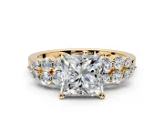 Cluster Engagement Ring Setting for Princess Cut Center with 2-Row Shoulder Clusters and Prong Head in Yellow Gold