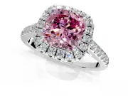 Halo Engagement Ring Setting for Fancy Pink Cushion Cut Center with Narrowing Pave Band and Prong Head in Platinum