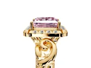 Halo Engagement Ring Setting for Fancy Pink Princess Cut Center with Open Scroll Shoulders and Prong Head in Yellow Gold