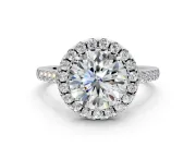 Halo Engagement Ring Setting for Round Cut Center with Raised Halo, Pave Band and Prong Head in Platinum