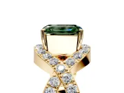 Halo Engagement Ring Setting for Fancy Green Emerald Cut Center with Pave Infinity Twist Band and Prong Head in Yellow Gold