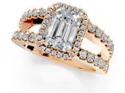 Halo Engagement Ring Setting for Emerald Cut Center with Wide-Open Pave Split Shank and Prong Head in Rose Gold