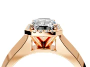Halo Engagement Ring Setting for Emerald Cut Center with Knife Ridge Cathedral Band and Prong Head in Rose Gold