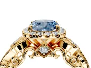 Milgrain Halo Engagement Ring Setting for Fancy Blue Cushion Cut Center with Shoulder Bezels and Prong Head in Yellow Gold